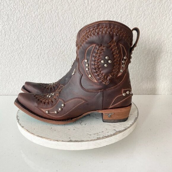 Lane COSSETTE Womens Cowboy Booties 7.5 Cognac Brown Cowgirl Western Short Boots - Picture 4 of 11